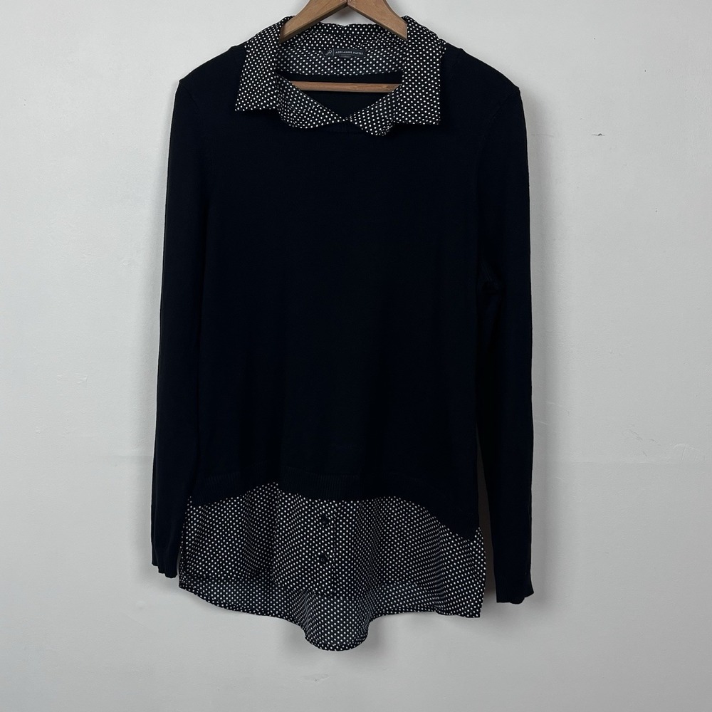 Adrianna Papell Layered Look Sweater Large Black Polka Dot Preppy Dark Academia